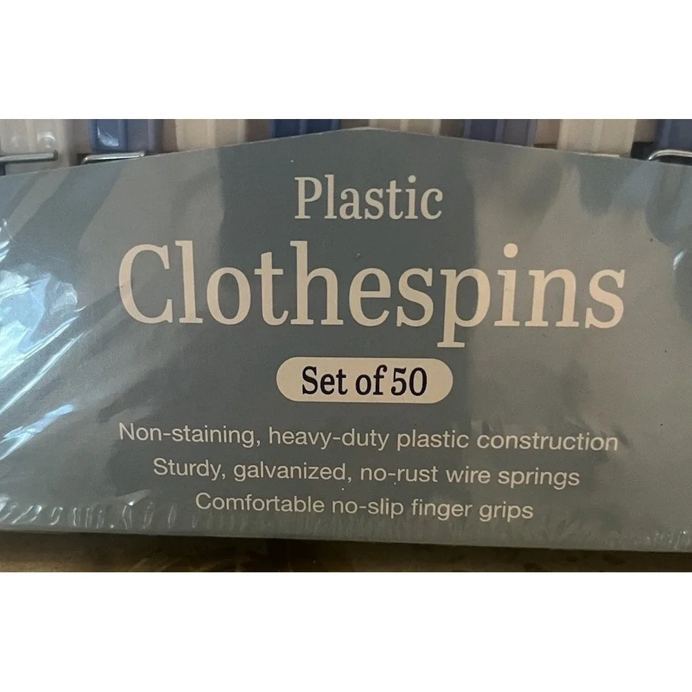 Whitmor Plastic Clothespins 50 Blue & White Sturdy No-rust Wire Springs NEW